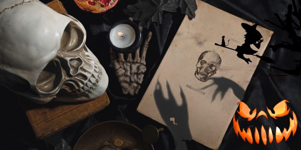 Images that depict halloween including a skull, pumpkin and witch