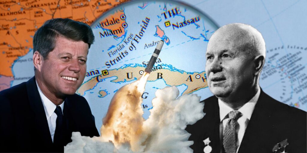 cuban missile crisis featured image with JKF and Khrushchev and map of cuba in background